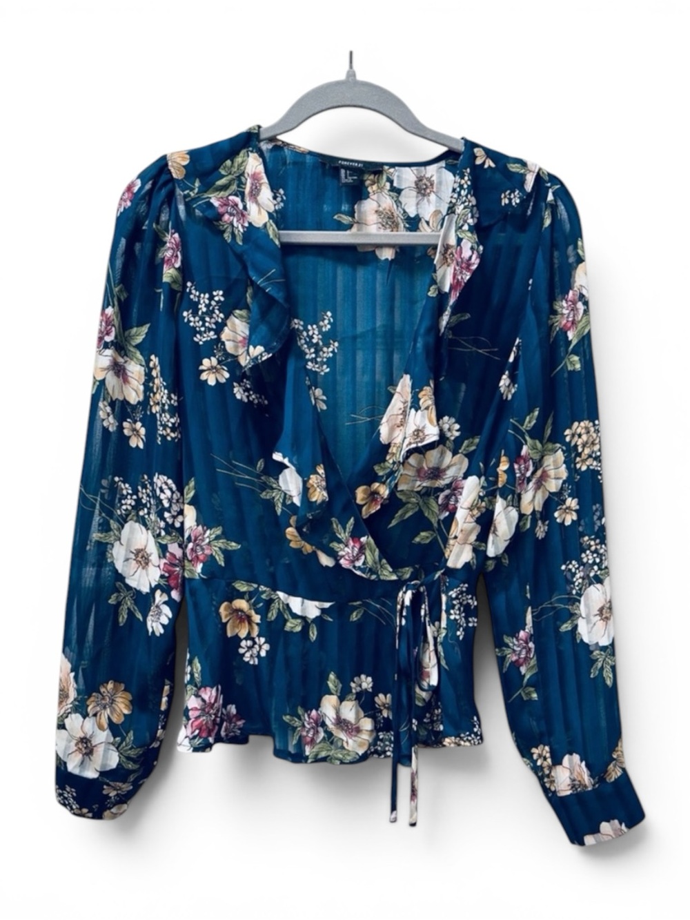 Forever 21 Floral Teal/Turquoise Long Sleeve Sheer Wrap Blouse -Size Large